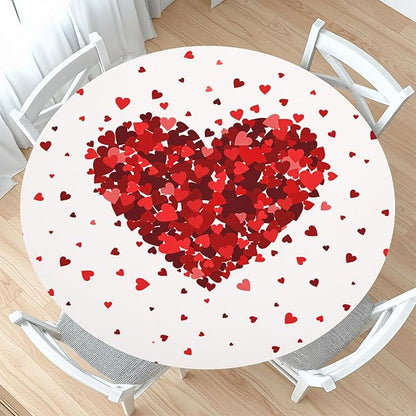 Valentines Day Round Fitted Tablecloth with Elastic Red Love Heart Circle Table Cloth for 48-52" Tables Wipeable Waterproof Washable Valentine Decorative Table Cover for Picnic Dining Party Decor