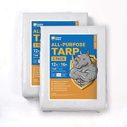 GUARD SHIELD White Tarp 12x16 Feet Medium Duty All Purpose Poly Tarps Cover 7mil (2-Pack)