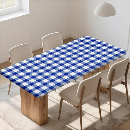 Rectangle Table Cloth Cover Waterproof Elastic Fitted Polyester Fitted Tablecloths for 6 Foot Tables for Indoor,Picnic, Camping, Outdoor （60" x 30"，Blue Grid）