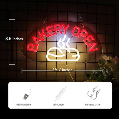 JFLLamp BAKERY OPEN Neon Signs for Wall Decor Neon Lights for Bedroom Led Business Signs Suitable for Bakery Cake Shop Restaurants Canteen Christmas 5V Power Adapter, 15.7 * 8.6 Inch(Red + White)