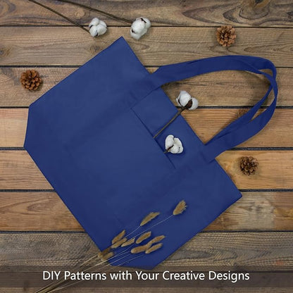 TOPDesign 6-Pack Canvas Tote Bags with an External Pocket, Reusable Grocery Shopping Bags, Top Zipper Closure, Daily Essentials (Blue)