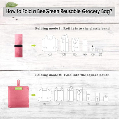 BeeGreen Pink Reusable Grocery Bags with Elastic Band Pink Reusable Shopping Bags Bulk 50LBS X-Large Foldable-Machine Washable-Heavy Duty 10 Pieces