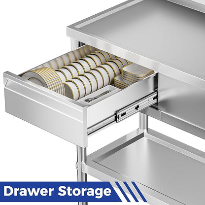 Stainless Steel Sink, Free Standing Single Bowl Commercial Kitchen Sink w/Workbench & Storage Shelf, w/Hot & Cold Water Pipes & Faucet for Laundry Room, Farmhouse, Indoor/Outdoor(47 inch)