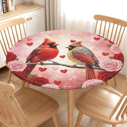 Valentines Day Round Fitted Tablecloth with Elastic Cardinal Bird Heart Circle Table Cloth for 48-52" Tables Wipeable Waterproof Washable Valentine Red Birds Table Cover for Picnic Dining Party Decor