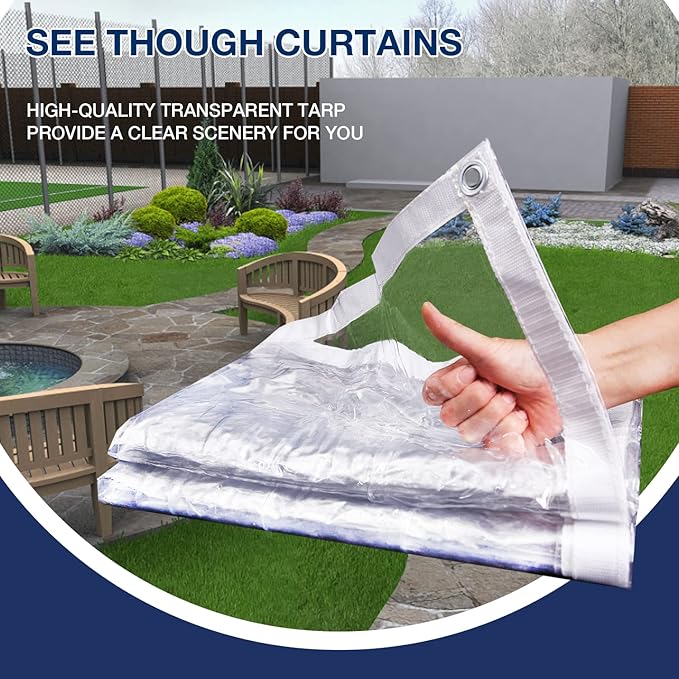 Clear Tarp 10' x 10',15 OZ Clear Vinyl PVC Tarp Waterproof Tarpaulin 100% Transparent PVC Tarps Upgrade to Double The Cold Resistance-Temperature from -5°F to 140°F
