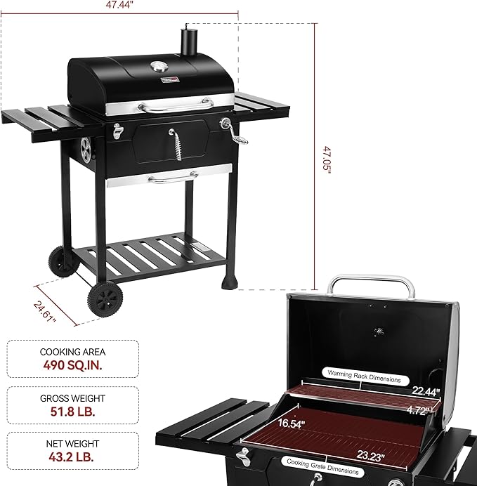 Royal Gourmet CD1824EN 24-Inch Movable Charcoal Grill with Foldable Side Tables, Outdoor Barbecue Grill with 490 Sq. In. Cooking Area for Outdoor Picnic and Camping Grilling, Black