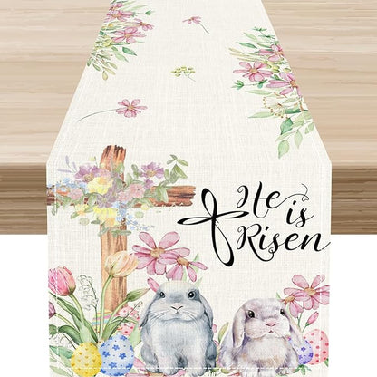 Easter Bunny Rabbits Table Runner,Boho Floral Cross Rabbits Easter Eggs Spring Table Center Decor for Family Kitchen and Living Room Outdoor Farmhouse Party Table Decorations, 13"x108"