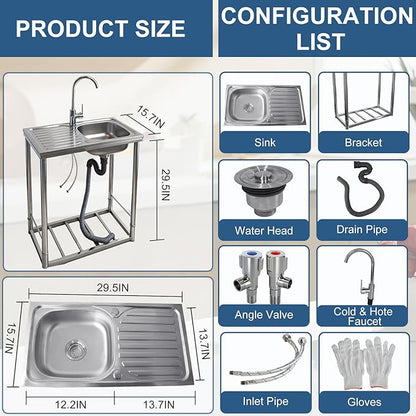 Outdoor Sink with Hose Hook Up, Free Standing Stainless Steel Utility Sink, Single Bowl Portable Sink Hand Wash Station for Camping, Backyard, Garden, Kitchen, Garage