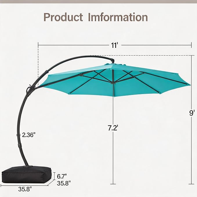 Outdoor Patio Umbrella with Base, 11 FT Deluxe Curvy Cantilever Umbrella Heavy - Image 3