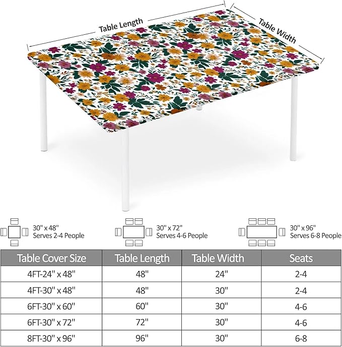 Rectangle Table Cloth Cover Waterproof Elastic Fitted Polyester Fitted Tablecloths for 8 Foot Tables for Indoor,Picnic, Camping, Outdoor （96" x 30"，Floral Print）