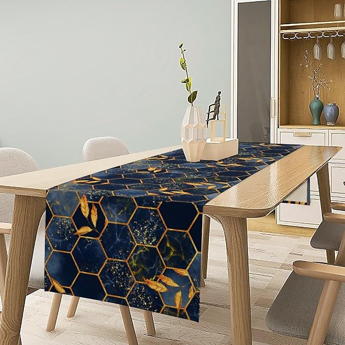 Marble Table Runner, Dark Blue Gold Modern Marble Leaf Aesthetic Geometric Table Runner for Indoor Home Living Room Party Dining Kitchen 13x120in
