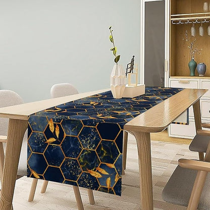 Marble Table Runner, Dark Blue Gold Modern Marble Leaf Aesthetic Geometric Table Runner for Indoor Home Living Room Party Dining Kitchen 13x70in