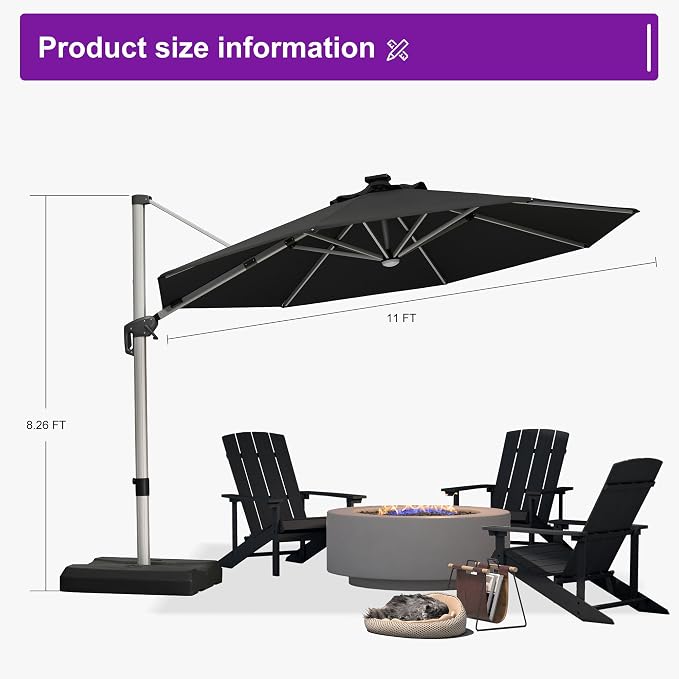 PURPLE LEAF Cantilever Patio Umbrella 11ft Round Solar LED Light, Stays bright - Image 8