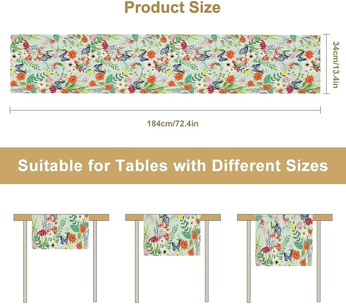 Butterfly Table Runner, Colorful Wildflower Butterfly Spring Table Runner for Holiday Kitchen Dining Home Party Outdoor 13x90in