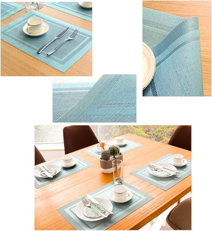 PIGCHCY Heat Insulation Non Slip Plastic Placemats,Washable Easy to Clean Woven Vinyl Kitchen Stain Resistant Placemats for Dining Table Set of 4(Sky Blue)