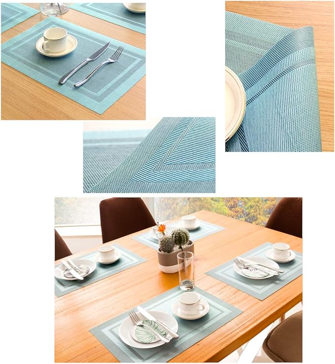 PIGCHCY Heat Insulation Non Slip Plastic Placemats,Washable Easy to Clean Woven Vinyl Kitchen Stain Resistant Placemats for Dining Table Set of 6 (Sky Blue)