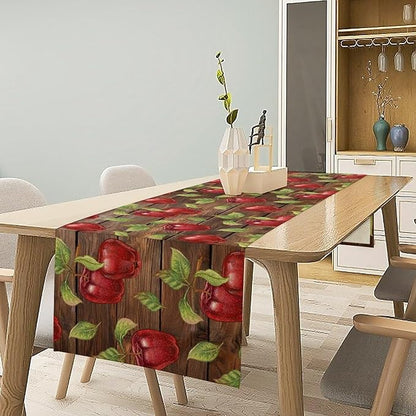 Sweet Apples Table Runner, Fresh Apples Fruit Rustic Wooden Background Table Runner for Kitchen Dining Party Picnic Outdoor 13x90in