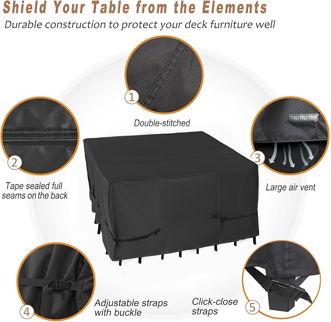 NettyPro Patio Table Cover Square 54 x 54 Inch, Waterproof Outdoor Furniture Dining Set Covers for Table and Chair, Black