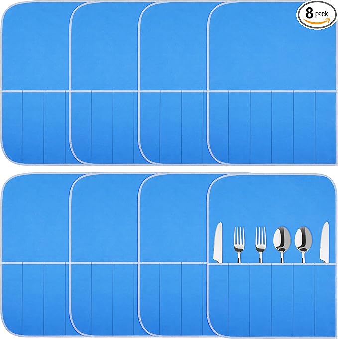 Weewooday Silver Storage Bags Anti Tarnish Silver Protector Bags Blue Holder for Silverware Flatware Storage Organizer Cloth Place Setting Roll with White Ribbon for Teaspoon Utensils(8 Pieces)
