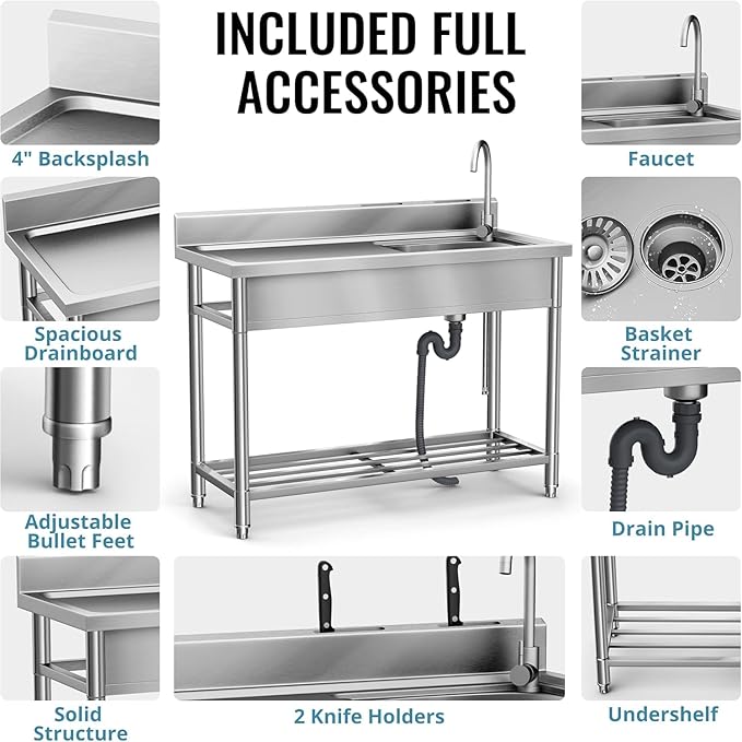 Stainless Steel Sink, Free Standing Kitchen Sink with Countertop Workstation, Utility Sinks Single Bowl with Cold and Hot Water Pipe Indoor Outdoor (47 Inch)