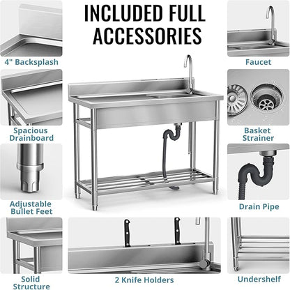 Stainless Steel Sink, Free Standing Kitchen Sink with Countertop Workstation, Utility Sink Single Bowl with Cold and Hot Water Pipe for Kitch Laundry Room Garage Farmhouse Indoor Outdoor (39 Inch)