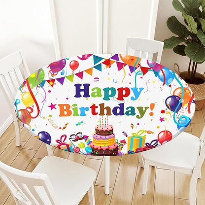 Birthday Round Fitted Tablecloth with Elastic Colorful Happy Birthday Party Circle Table Cover for 48-52" Round Tables Wipeable Waterproof Cake Balloons Gifts Table Cloth for Picnic Dining Patio Decor
