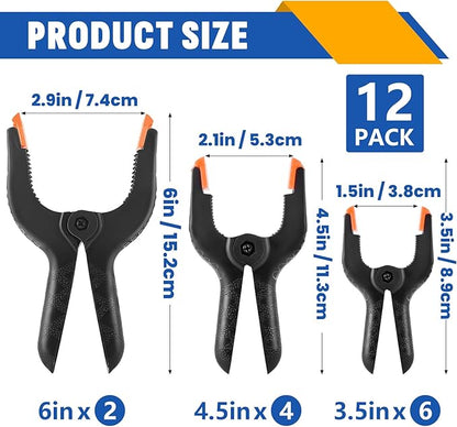 12 Pack Plastic Spring Clamps Set, 3 Sizes of Spring Clips 3.5 Inch, 4.5 Inch, 6 Inch Set, Black Heavy Duty Clips, Backdrop Clips, Woodworking Clamps, Plastic Clamps for Woodworking,Photography