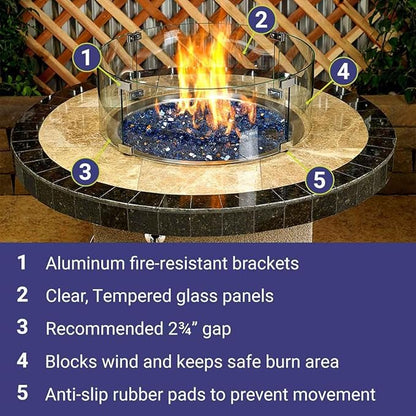 American Fire Products | Tempered Glass Flame Guard for 25” Round Drop-in Fire Pit Pans | Outdoor Wind Guard with Aluminum Fire-Resistant Brackets & Non-Slip Feet | 29-inch x 6-inch