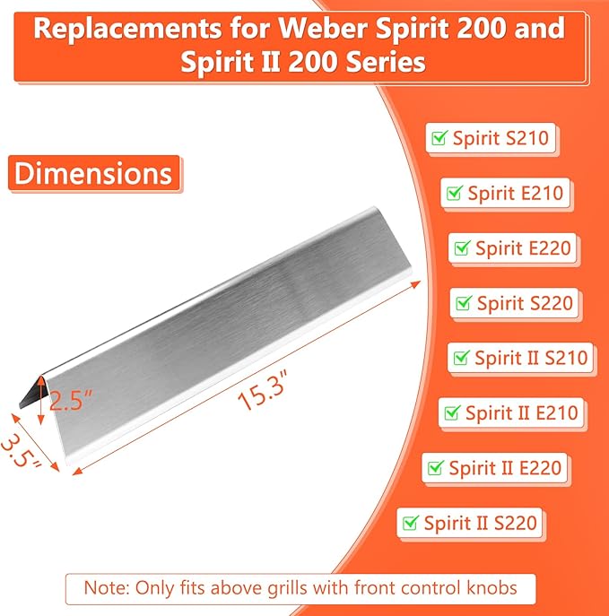 QuliMetal 7635 Grill Flavorizer Bars for Weber Spirit E210, E220, S210, S215, Spirit 200 & GS4 Spirit II E210, Spirit II E220 Grills with Front Control, Stainless Steel 15.3" Flavorizer Bars