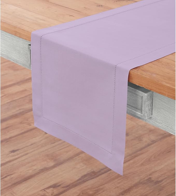 Solino Home Cotton Linen Table Runner 48 Inches - Lavender Ice Hemstitch Table Runner 14 x 48 Inch Ideal for Dresser and Coffee Tables - Valentines, Spring, Easter