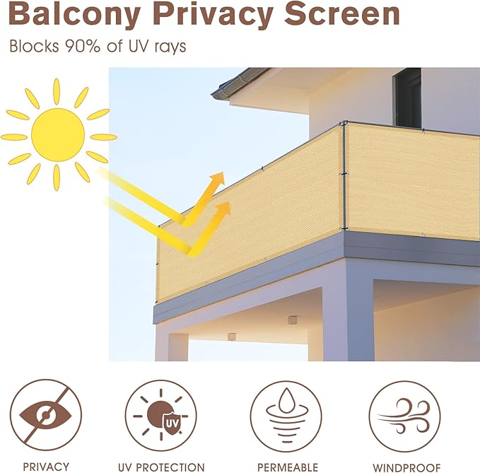 SUNNY GUARD 3.3'x19.7' Balcony Privacy Screen Fence, Apartments Railing Screen, Heavy Duty Wind Screen for Outdoor,Backyard,Patio,Deck Privacy（Sand Yellow）