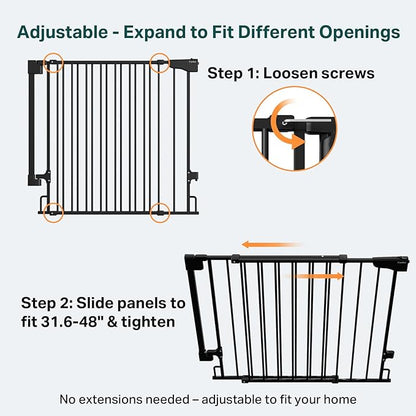 Cumbor Expandable 31.6-48" Baby Gate for Stairs, Wall-Mounted, 2-in-1 No Bottom Bar Dog Gate Indoor, Pet Gate for Doorways with Large Walk Thru Door, Child-Proof Safety Gate for Kids (Black)