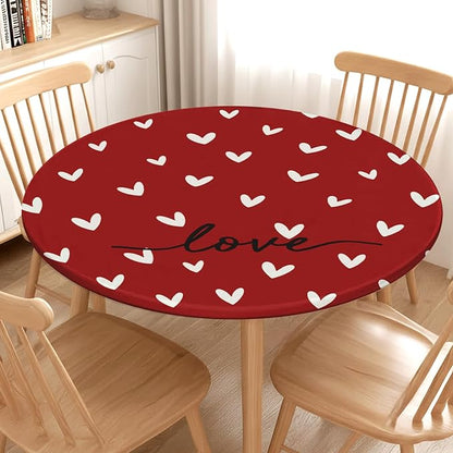 Valentines Day Round Fitted Tablecloth with Elastic Red White Love Heart Circle Table Cloth for 40-44" Round Tables Stretch Waterproof Washable Valentine Table Cover for Picnic Dining Party Decor