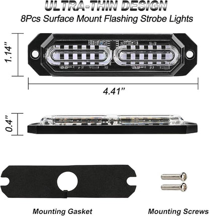 ASPL 8pcs Sync Feature Ultra Slim 12-LED Surface Mount Flashing Strobe Lights for Truck Car Vehicle LED Mini Grille Light Head Emergency Beacon Hazard Warning Lights (Blue)