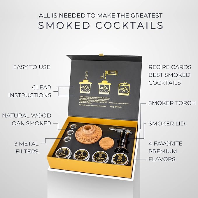 NOBLESIP® Whiskey Bourbon Smoker Kit 𝗣𝗥𝗘𝗠𝗜𝗨𝗠 Smoky bar Set. Made from Natural American Oak Wood. Easily Make The Legendary Smoked Cocktails and Old fashioneds at Home. New Year Home bar Gift!