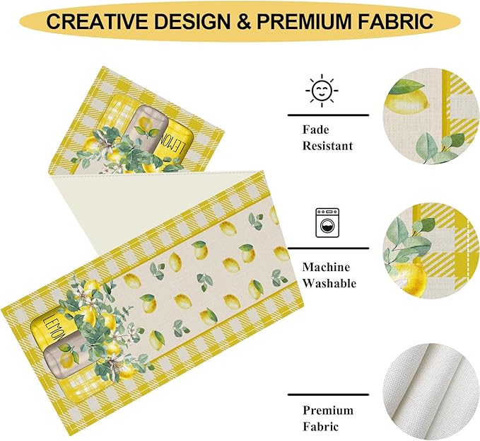 Lemon Table Runner, Farmhouse Yellow Buffalo Plaid Seasonal Summer Spring Fruits Lemon Coffee Table Center Decor for Home Kitchen Dining Party Patio Indoor Outdoor Table Decorations, 13"x36" Inch