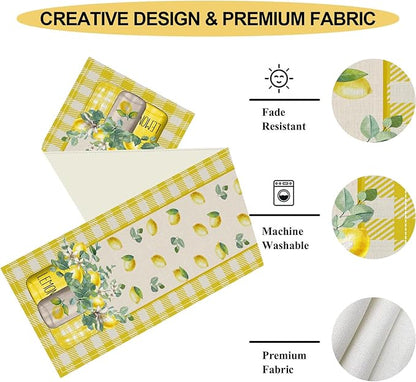 Lemon Table Runner, Farmhouse Yellow Buffalo Plaid Seasonal Summer Spring Fruits Lemon Coffee Table Center Decor for Home Kitchen Dining Party Patio Indoor Outdoor Table Decorations, 13"x36" Inch