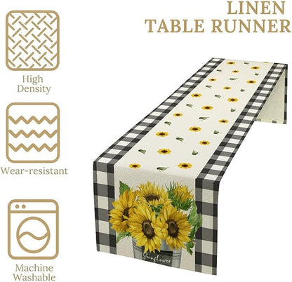 Morden Sunflower Table Runner,White Black Buffalo Plaid Watercolor Summer Flower Plants Leaves Print Table Runner for Kitchen Dining Table Holiday Home Party Decor 13x120in