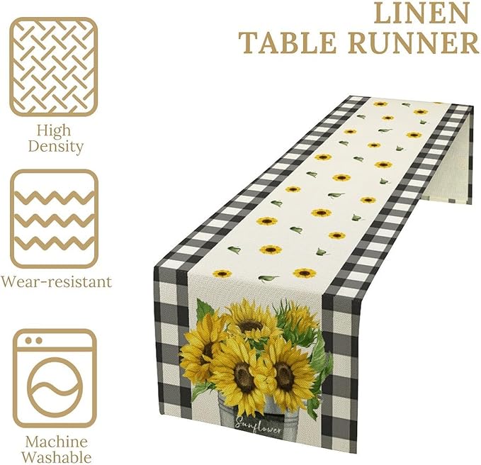 Morden Sunflower Table Runner,White Black Buffalo Plaid Watercolor Summer Flower Plants Leaves Print Table Runner for Kitchen Dining Table Holiday Home Party Decor 13x70in