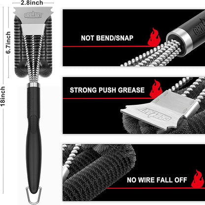 GRILLART Grill Brush and Scraper, Extra Strong BBQ Cleaner Accessories, Safe Wire Bristles Barbecue Triple Scrubbers Cleaning Brush for Gas/Charcoal Grilling Grates, Wizard Tool BR-8115