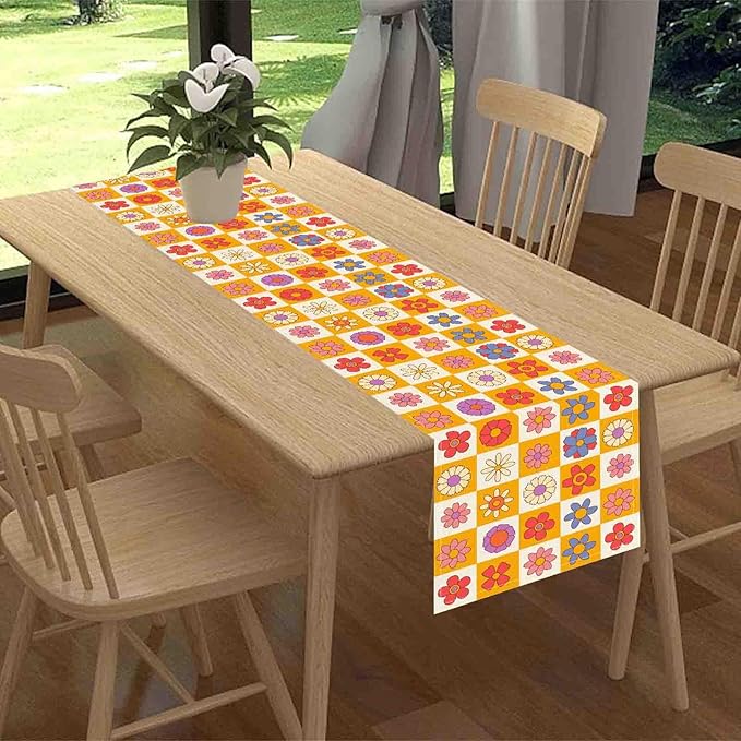 70s Table Runner, Retro Groovy Hippie Daisy Floral Colorful Checkered Funky Trippy Coffee Table Center Decor for Home Kitchen Dining Patio Holiday Party Indoor Outdoor Table Decorations, 13"x90" Inch