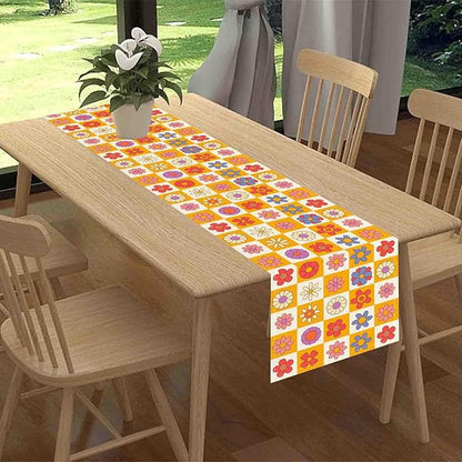 70s Table Runner, Retro Groovy Hippie Daisy Floral Colorful Checkered Funky Trippy Coffee Table Center Decor for Home Kitchen Dining Patio Holiday Party Indoor Outdoor Table Decorations, 13"x90" Inch