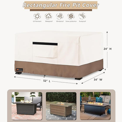 Fire Pit Cover Rectangular, Outdoor Heavy Duty 600D Tear-Resistant 100% Waterproof 52 Inch Fire Table Cover Rectangle, Patio Weatherproof Rectangular Fire Table Protector, Beige 52" L x 34" W x 24" H