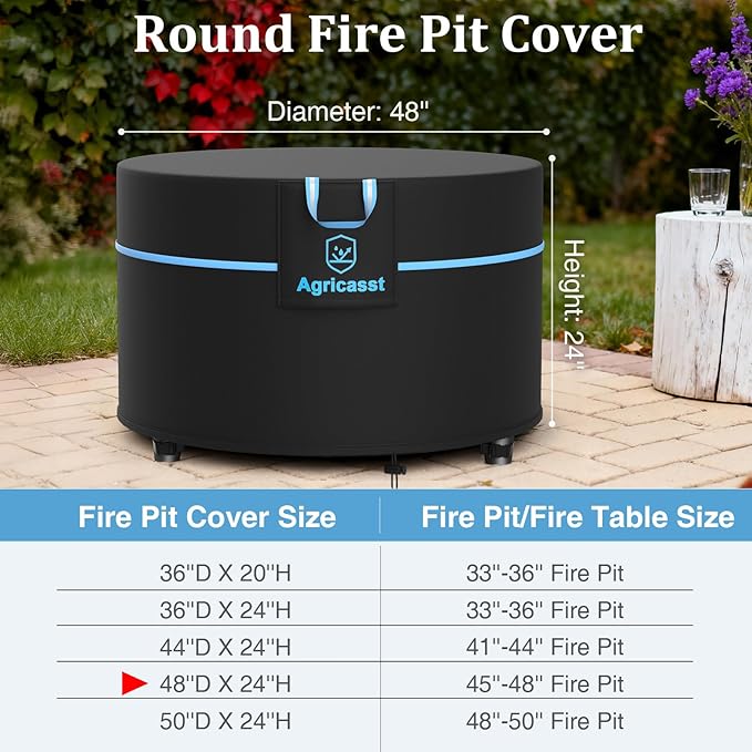 Round Fire Pit Cover for 45''- 48'' Fire Pit, 600D Heavy Duty Outdoor Firepit Cover Waterproof Patio Fire Table Cover with Air Vent, Handle, 4 Windproof Buckles, Drawstring - 48"Dia x 24"H