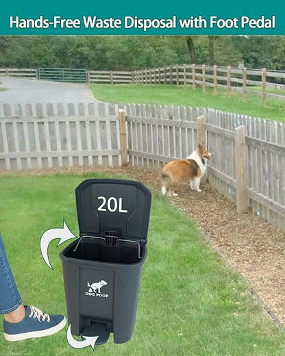 Large Dog Poop Trash Can Outdoor 20L / 5.3 Gallon - Waterproof Pet Waste Station with Foot Pedal, Removable Inner Bucket & 100 Bags for Backyard Garden Odor Control