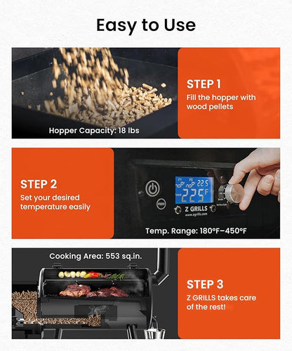 Z GRILLS ZPG-550B2 Wood Pellet Grill & Smoker with PID 2.1 Controller, 553 sq in Cooking Area, Meat Probe, Hopper Cleanout, 8 in 1 BBQ Grill Outdoor Auto Temperature Control, Black