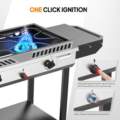 Bonnlo 2-in-1 Propane Stove and Griddle, Iginition Outdoor Gas Cooker with Storage Shelf and Portable Wheels, 2 Burner Camping Stove with 150000BTU Output for Backyard Cooking BBQ Frying and Boiling