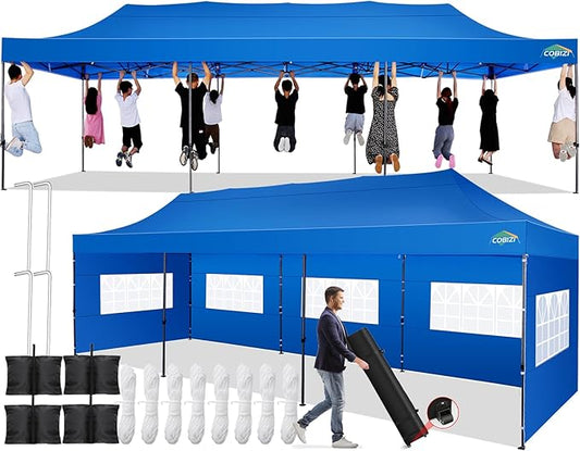 COBIZI 10x30 Pop up Canopy Tent 10x30 Canopy with 8 Sidewalls Waterproof Heavy Duty Commercial for Parties Outdoor Garden Gazebo Tent, Carry Bag with Wheel(10x30ft,Blue)