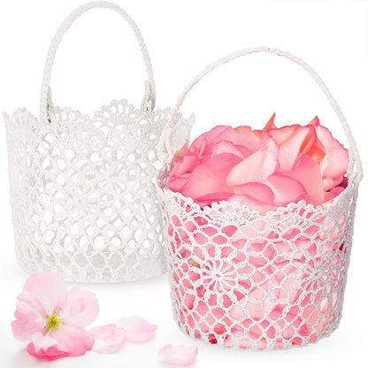 WILLBOND 8 Pcs White Flower Girl Basket with Handle for Wedding Ceremony, 5.9 x 4.72 x 4.33 Inch