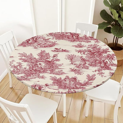 French Country Round Fitted Tablecloth with Elastic Vintage Red Circle Table Cloth for 48-52" Round Tables Wipeable Waterproof Rustic Burgundy Pink Village Table Cover for Dining Patio Picnic Decor